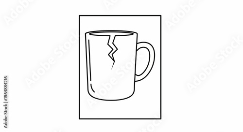 Minimalist line art illustration of a broken ceramic mug, symbolizing fragility or damage in a