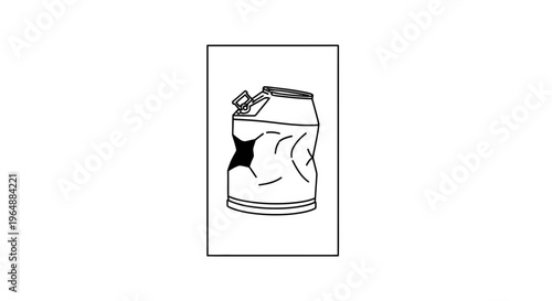 Minimalist black and white outline illustration of a dented metallic can, conveying themes of