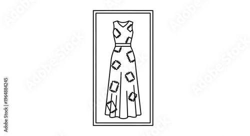 Elegant floor-length dress outline with unique geometric patch design fashion illustration vector
