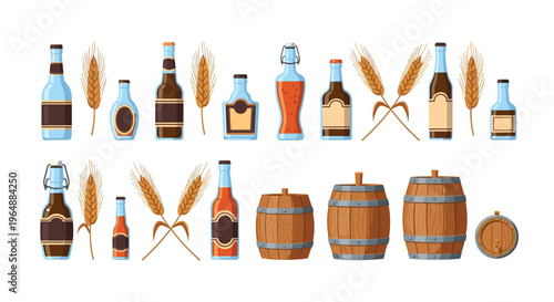 A collection of beer bottles, golden wheat stalks, and wooden barrels is arranged in rows on a white background.
