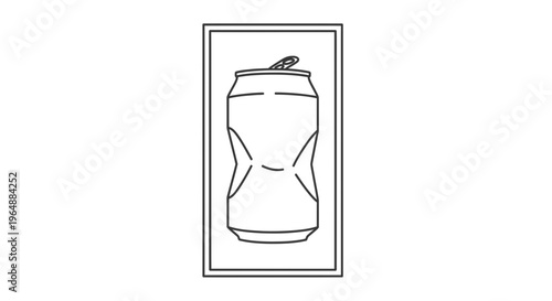 Minimalist line art illustration of a partially crushed aluminum beverage can within a simple