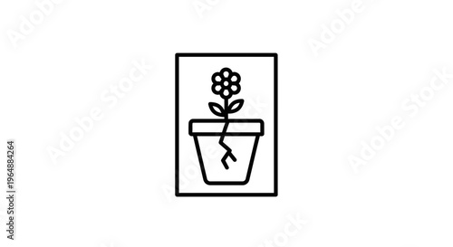 Minimalist black and white line art of a blossoming flower in a subtly cracked planter,