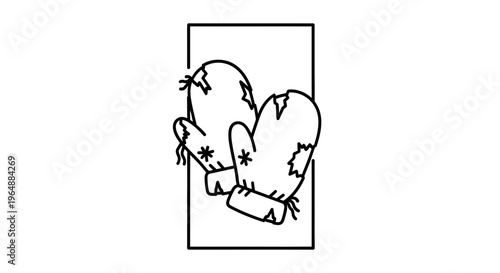 Minimalist black outline drawing of old worn winter mittens, portraying a sense of rustic charm or