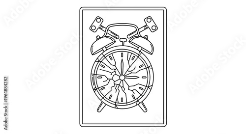 Monochrome line art illustration of a distressed antique alarm clock featuring a fractured dial