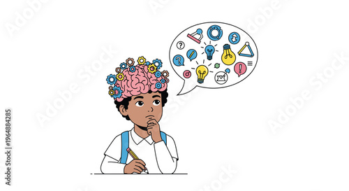 A thoughtful cartoon boy with gears on his head has a thought bubble filled with idea icons above him.