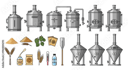 A collection of beer brewing equipment, including stainless steel tanks, hops, and wheat, is arranged on a white background.