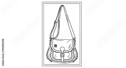 Stylish hand-drawn vector outline of a fringed cross-body shoulder bag, perfect for fashion designs