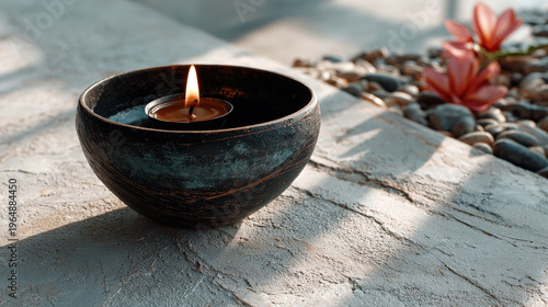 Candle burns softly in rustic bowl surrounded by pebbles and flowers, creating serene atmosphere that reflects daily life of monks in Asia