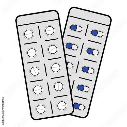 医療や健康の解説に使いやすい、シートに入った錠剤とカプセル薬のセットイラスト