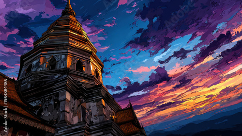 Stunning Thai temple stands majestically against vibrant sky during golden hour, showcasing intricate architecture and rich colors