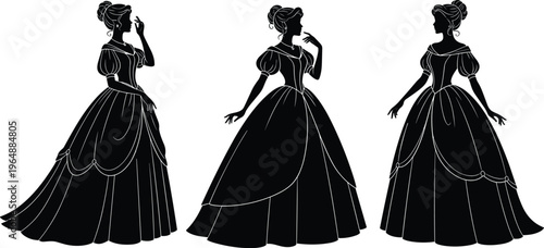 WebA beautiful collection of elegant black silhouette illustrations featuring graceful women wearing luxury Victorian ballroom gowns, classic princess dresses, and royal historical attire.
