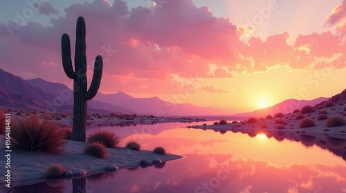 Serene Sunset Landscape Featuring a Majestic Cactus Silhouetted Against a Vibrant Pink and Orange Sky Reflected in a Still Desert Lake