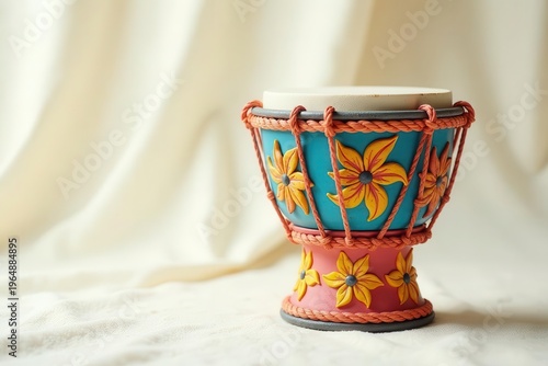 Handcrafted Floral Drum A Decorative Tabletop Percussion Instrument with Vibrant Hues and Intricate Detailing