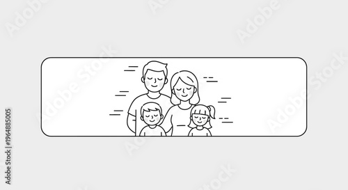 A serene linear illustration depicting a happy family unit with parents and two children,