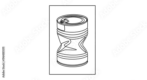 A single continuous line illustration portraying a crushed metal can, symbolizing waste and
