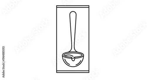 Minimalist outline illustration of a kitchen ladle with a single liquid drop, simple kitchen