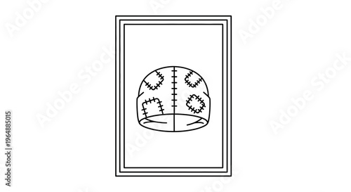 A minimalistic line art illustration of a patched beanie displaying a unique, handcrafted aesthetic