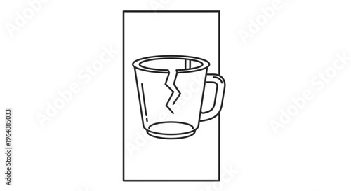 Line art illustration of a damaged ceramic mug with a prominent crack, symbolizing breakage