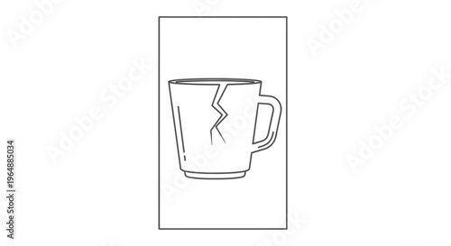 Detailed line art illustration of a porcelain cup with a prominent crack signifying damage and