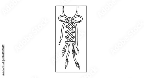 Detailed monochrome illustration of an intricately laced footwear closure with a decorative bow