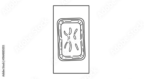 Minimalist black and white line drawing of abstract food items in a rectangular tray for packaging