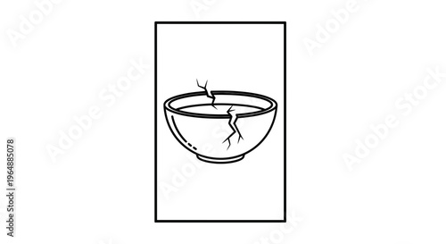 Minimalist black and white icon of a cracked bowl symbolizing fragility or damage imperfection