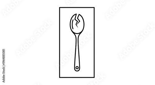 Simple minimalist line art illustration of a cracked metal spoon icon for kitchenware concepts