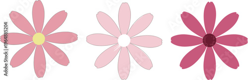 Vector Set of Simple Pink Daisy Flowers with Gradual Color Changes, Elegant and Soft Floral Designs for Nature and Spring Themes