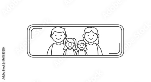 Joyful modern family portrait in simple line art style showcasing parental and child happiness