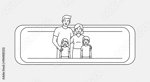 Joyful Modern Family Portrait Illustration in Simple Line Art Style with Happy Expressions