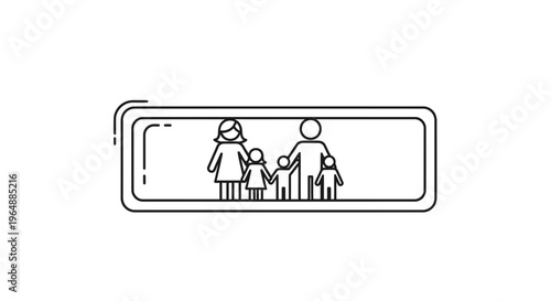 Minimalist line art illustration of a family of four, parents and two children, within a sleek