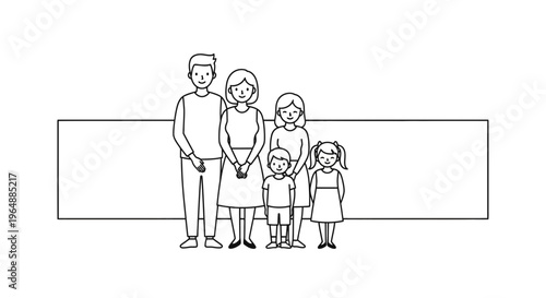 Unified family illustration standing together in front of a blank customizable rectangular sign