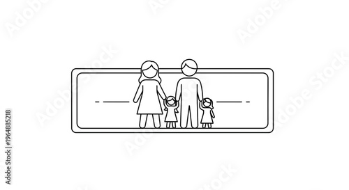 A stylized line art illustration depicting a nuclear family with two children standing together on