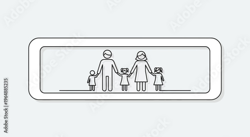 Minimalist graphic rendering of a loving family unit depicting parents and three children holding