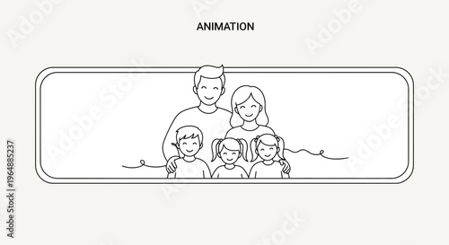 Charming line art illustration showcasing a joyful family of five, perfect for various design