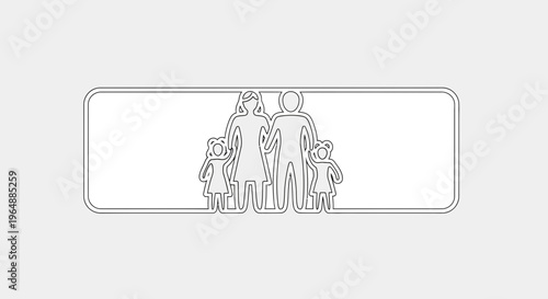 Minimalist continuous line art depicting a united family of four within a clean frame on a soft