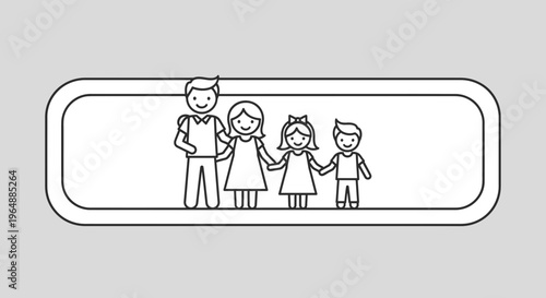 A joyful outline illustration of a nuclear family unit featuring parents and their two happy