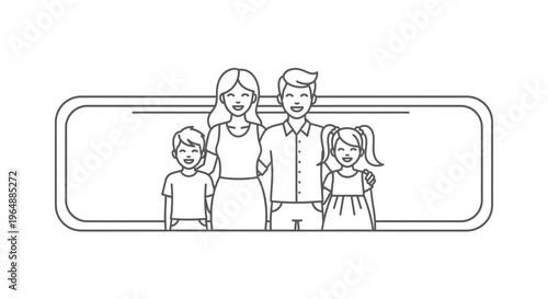 Joyful linear family portrait within a clean graphic frame illustration showcasing happy family life