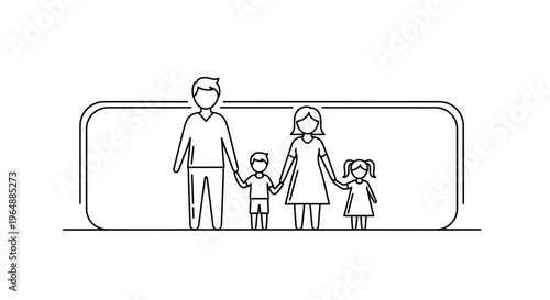 Unified family bond: Parents and children holding hands in a clean minimalist line art design