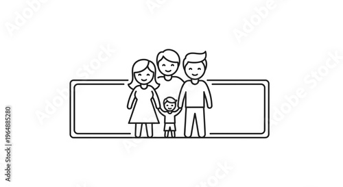 Minimalist line art illustration of a modern family unit including parents and children in a