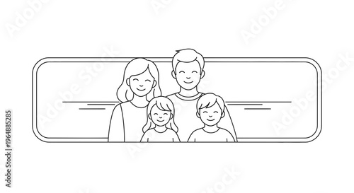 Joyful minimalist family portrait with mother father son and daughter smiling together