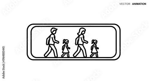 A minimalist line art illustration of a family unit walking together in an orderly procession