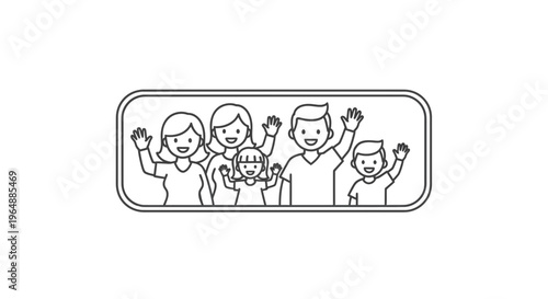 Happy family waving together in simple outline illustration conveying unity and greeting