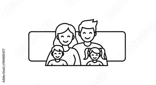 Minimalist line art depiction of a smiling family with parents and two children showcasing warmth