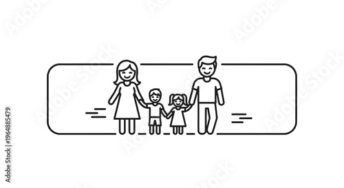 A heartwarming linear illustration depicting a happy family unit with parents and children holding