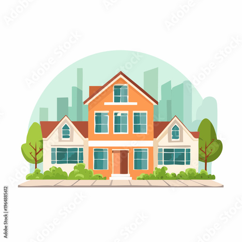 Charming Orange House with Lush Greenery and City Skyline Backdrop