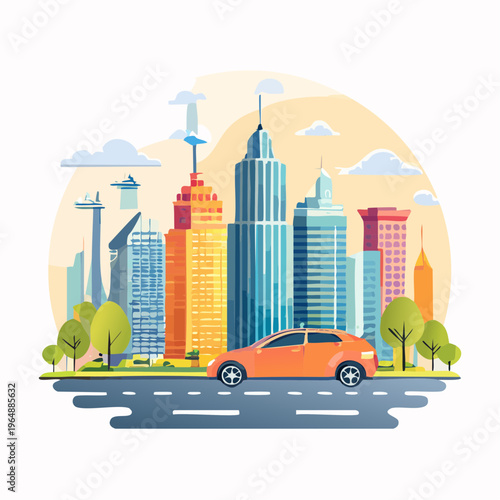 Modern city with skyscraper buildings, trees, and a car driving on the road
