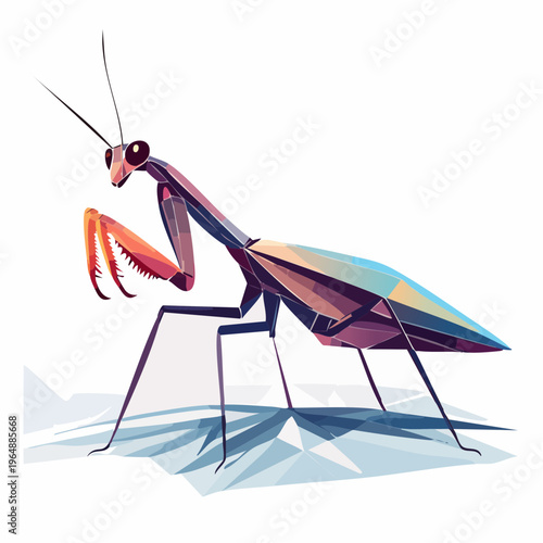 Geometric Praying Mantis Illustration in a Stylized, Low-Poly Art Style