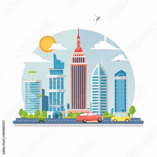 Vibrant cityscape illustration with modern skyscrapers and vehicles on a sunny day