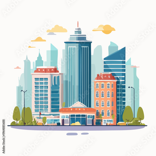 Modern city skyline illustration with diverse skyscrapers and urban elements